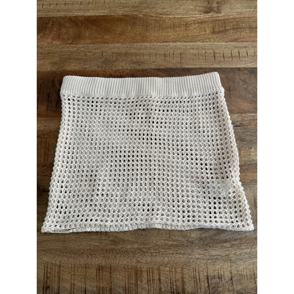 Crochet Knit Mini Skirt Cover Up Womens Small Cream‎ Boho Beach Swim Sheer